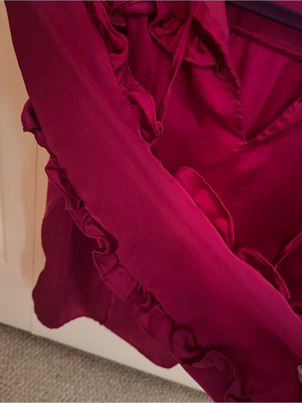 LOFT Ruffle-Trim V-Neck Blouse - Deep Raspberry - Picture 3 of 4